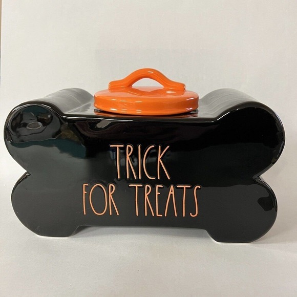 Rae Dunn Halloween Tricks For Treats Pet Treat Canister Black & Orange Imperfect - Picture 1 of 6